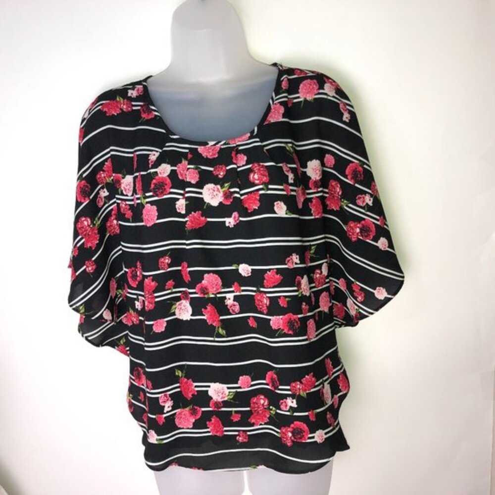 Elle Tank Blouse Black w/Red & Pink Carnations Stripes Small Floral Whimsigoth
